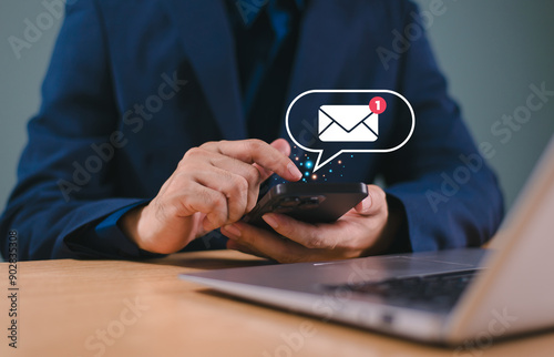Email campaign alert concept. New email send notification for business e-mail communication. Digital marketing, internet technology. Inbox receives electronic message invite. Man touch on newsletter.