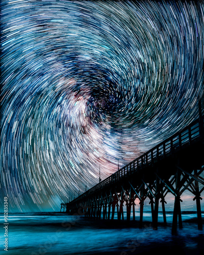 Milky Way vortex star trails over an ocean pier