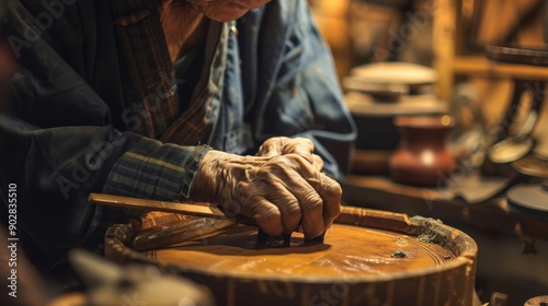 An artisan skillfully carves intricate designs into wood, showcasing traditional Japanese craftsmanship in a warm, rustic workshop