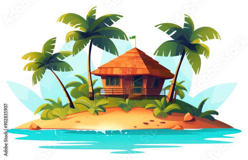 PNG  Tropical island beach hut illustration photo