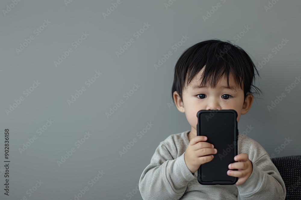 Baby using mobile phone, screen addiction smart device problems, text texting infant, babies people toddler, generated ai