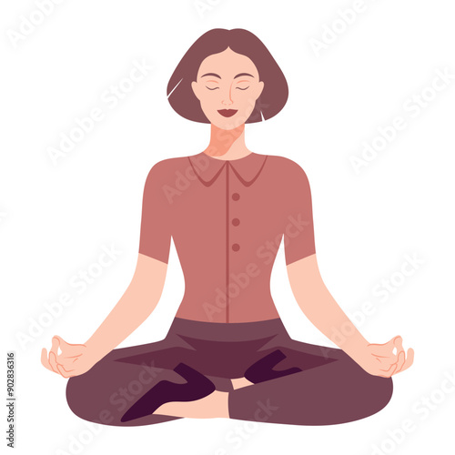 Young woman in office clothes sitting in lotus pose. Meditating office worker. Life work balance. Vector illustration