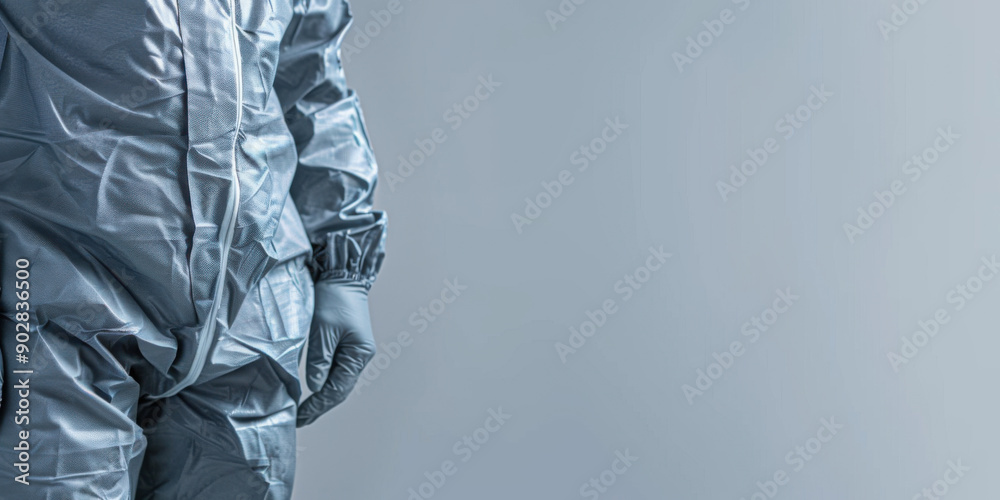 Close-up of a person wearing a full-body protective suit and gloves, highlighting safety and hygiene. Close-up of a person wearing a full-body protective suit and gloves, highlighting safety and hygiene.