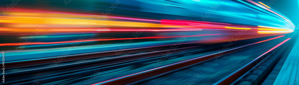 Dynamic long-exposure shot of high-speed train creating colorful light trails, depicting motion and travel concept. Dynamic long-exposure shot of high-speed train creating colorful light trails, depicting motion and travel concept.