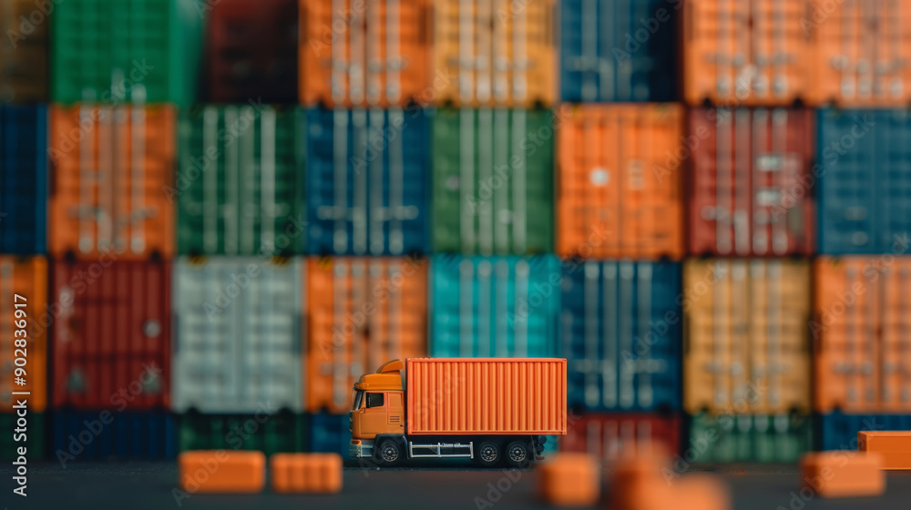 Fototapeta premium Orange shipping container truck parked in front of stacked colorful cargo containers in a storage yard, representing logistics and transportation.
