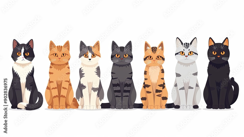 Cute and funny cats doodle vector set. Cartoon cat or kitten characters design collection with flat color in different poses. Set of purebred pet animals isolated on white background Cute and funny cats doodle vector set. Cartoon cat or kitten characters design collection with flat color in different poses. Set of purebred pet animals isolated on white background