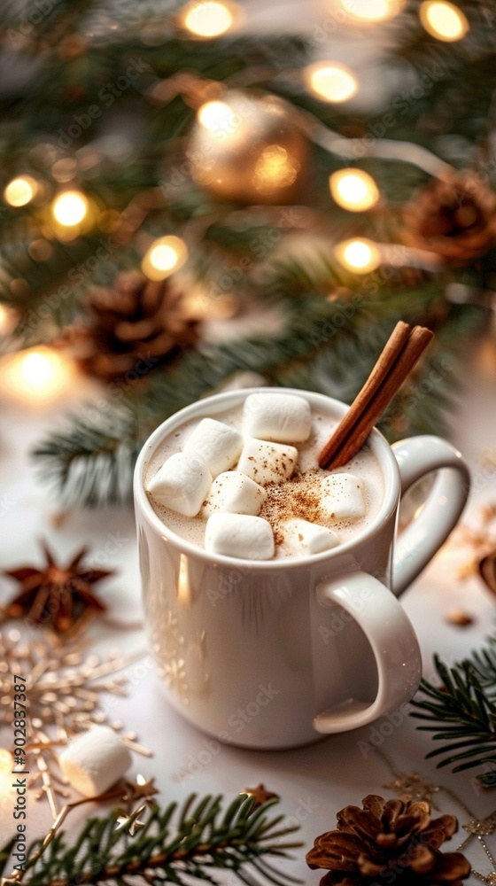 Cozy winter evening with a steaming mug of hot cocoa topped with marshmallows and cinnamon, surrounded by festive pine branches and twinkling lights. Cozy winter evening with a steaming mug of hot cocoa topped with marshmallows and cinnamon, surrounded by festive pine branches and twinkling lights.
