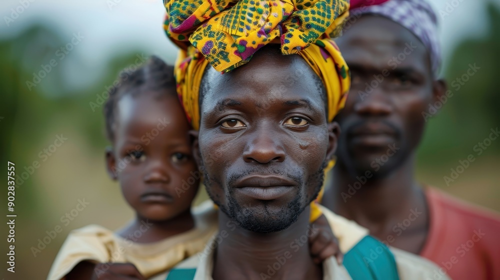 A family portrait featuring parents and a child dressed in traditional attire, highlighting cultural diversity and unity while standing against a natural outdoor backdrop. A family portrait featuring parents and a child dressed in traditional attire, highlighting cultural diversity and unity while standing against a natural outdoor backdrop.