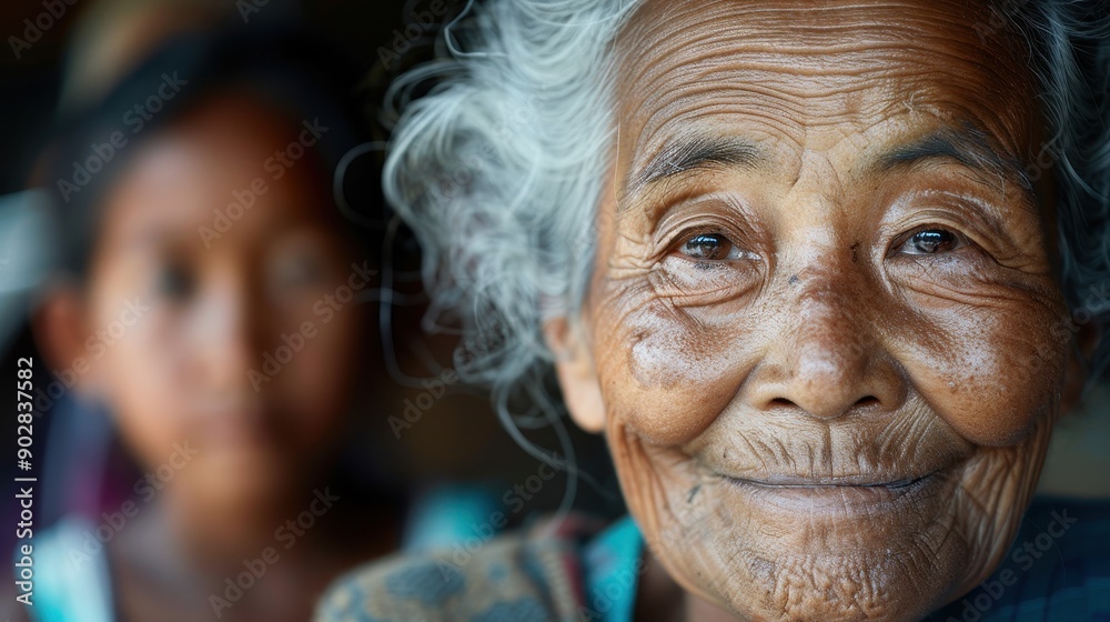 An elderly woman with gray hair smiles warmly in the foreground, with a young child blurred in the background, focusing on generational continuity and joy. An elderly woman with gray hair smiles warmly in the foreground, with a young child blurred in the background, focusing on generational continuity and joy.