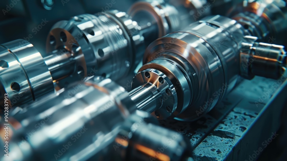 Close-Up of CNC Lathe Machine Crafting Metal Shafts Close-Up of CNC Lathe Machine Crafting Metal Shafts