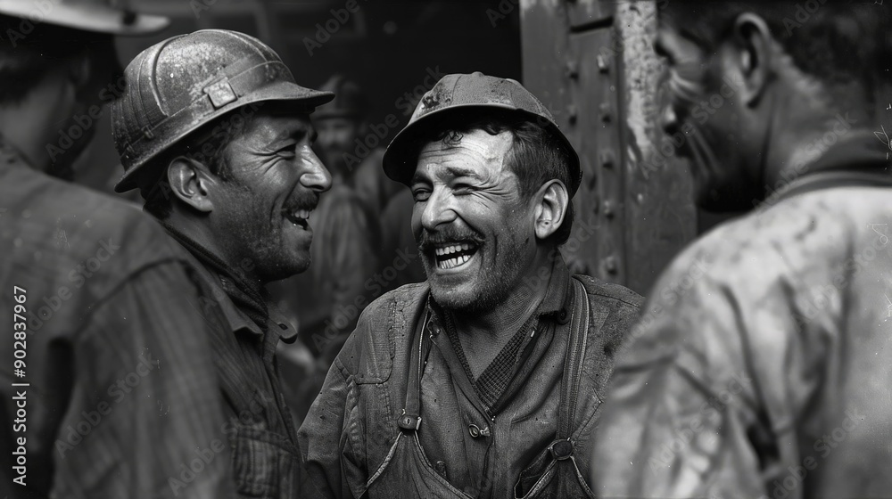 Fototapeta premium A candid moment of foundry workers laughing during a brief pause in their shift