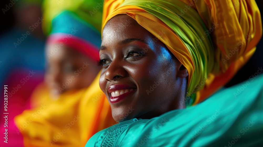 A woman in a vibrant dress smiles joyfully during a cultural event, her radiant expression reflecting the lively atmosphere and richness of the celebration around her. A woman in a vibrant dress smiles joyfully during a cultural event, her radiant expression reflecting the lively atmosphere and richness of the celebration around her.