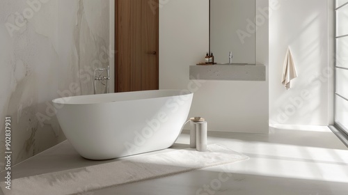 a minimalistic modern bathroom with an oval freestanding bathtub