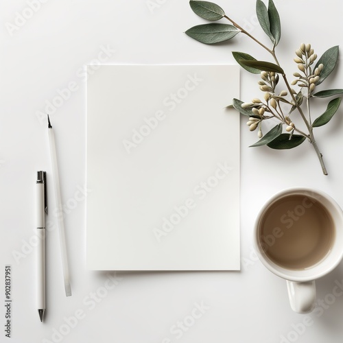Blank Template with Coffee, Pen, Blank Paper, and Plant