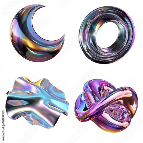 set of isolated abstract iridescent holographic liquid metal shapes 