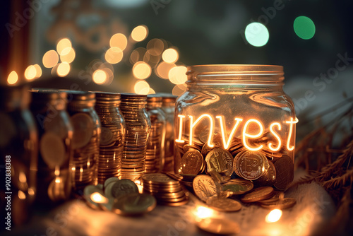 Coins Stacked in Jars with One Jar Featuring Neon Glowing Invest Letter