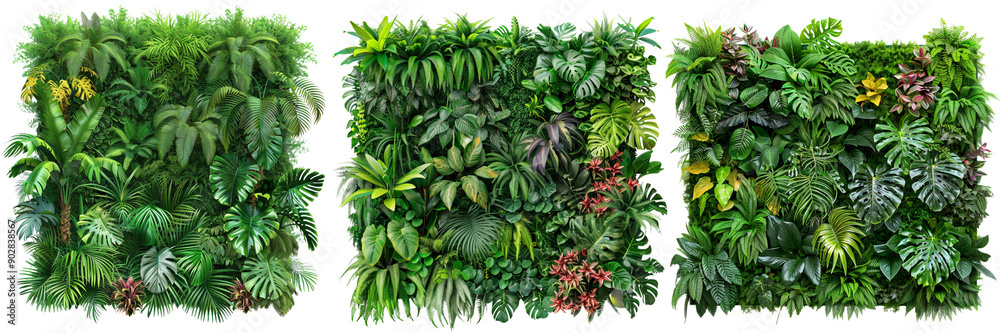 Fototapeta premium Set of beautiful green garden wall with a variety of tropical plants, carefully cut out isolated on transparent background