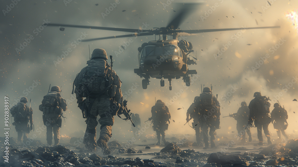 Soldiers on a Mission with a Military Helicopter in the Background Soldiers on a Mission with a Military Helicopter in the Background