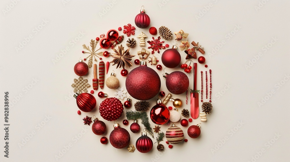 Festive array of red and gold Christmas ornaments and decorations artfully arranged in a circular shape against a neutral background, evoking holiday cheer.