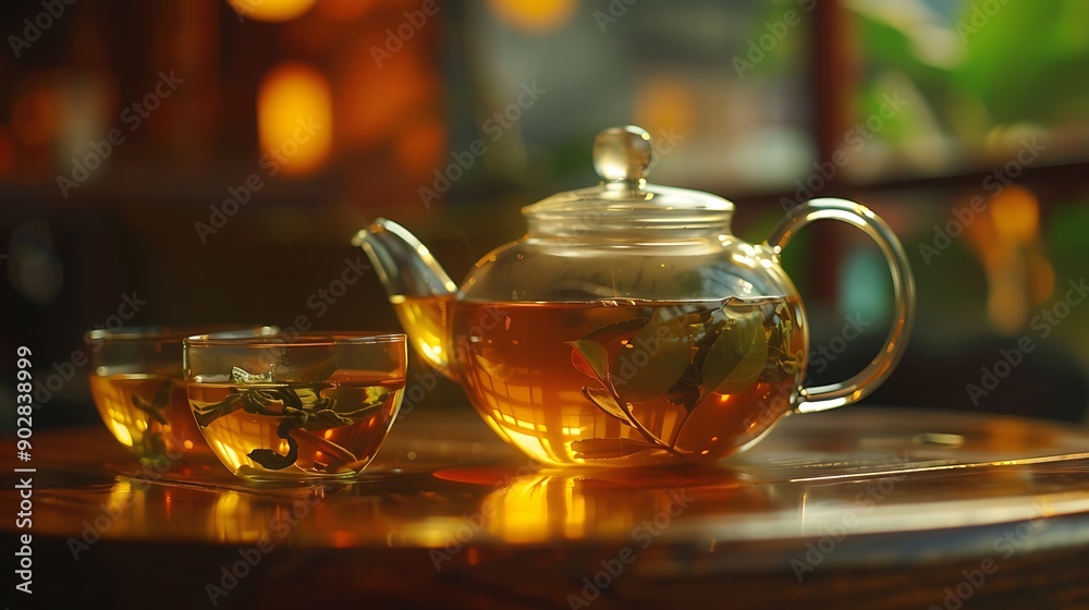 Green tea oolong in glass teapot on table hot tea is in the glass cups teapot and cup of tea Green tea oolong in glass teapot on table hot tea is in the glass cups teapot and cup of tea