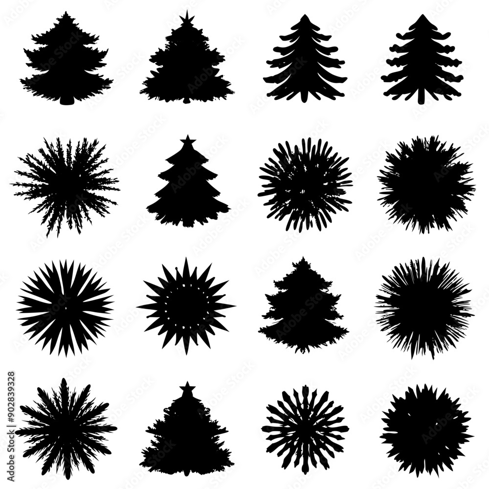 Silhouettes of trees and snowflakes on a white background Silhouettes of trees and snowflakes on a white background