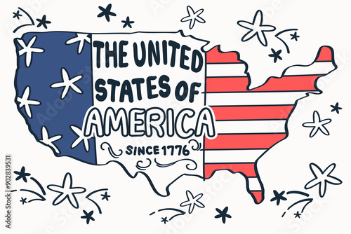 Map of the United States of america with the words about independence day, 4th of July . Vector .