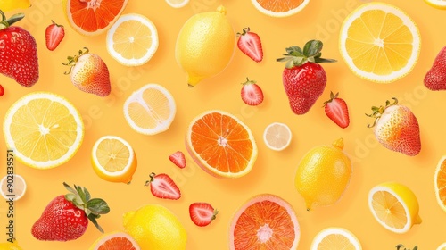 A fun orange background with a pattern of playful fruits like oranges, lemons, and strawberries, adding a fresh and lively vibe.