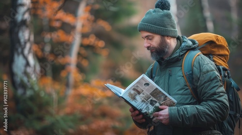 Focused Birdwatcher Exploring the Autumnal Forest with Guidebook in Hand Deeply Immersed in Nature and the Pursuit of Knowledge about the Local Wildlife