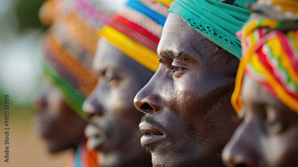 Side profile of a woman adorned in vibrant, colorful traditional attire with a bright headwrap, set against a blurred background, capturing elegance and cultural richness. Side profile of a woman adorned in vibrant, colorful traditional attire with a bright headwrap, set against a blurred background, capturing elegance and cultural richness.