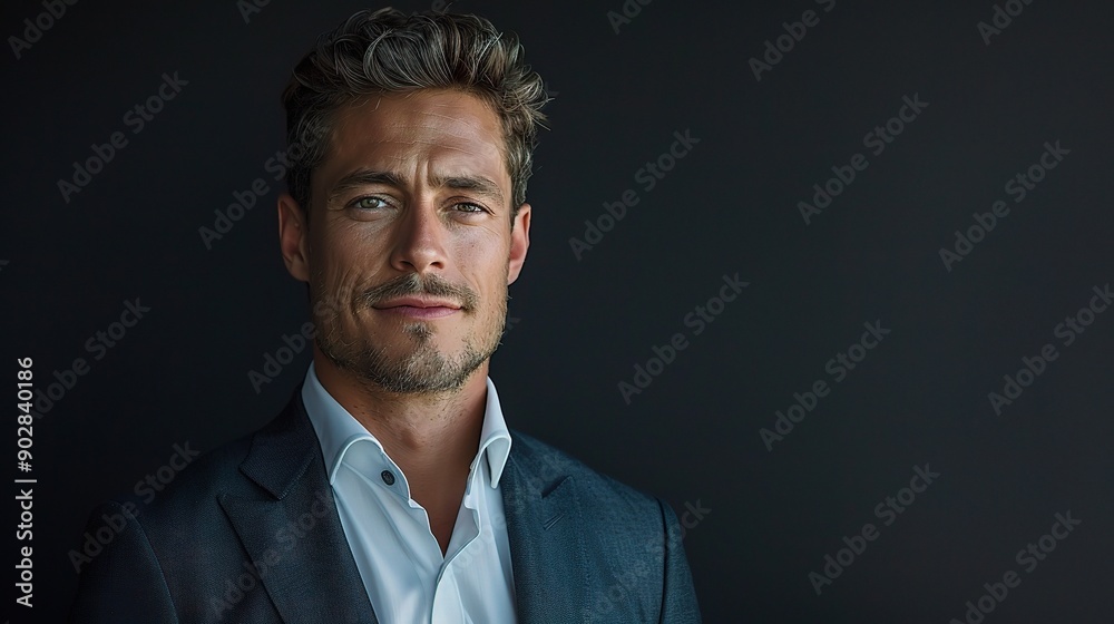 Confident Executive Portrait: A mature businessman exudes quiet confidence in a professional headshot, his steely gaze and composed demeanor conveying experience and success. 