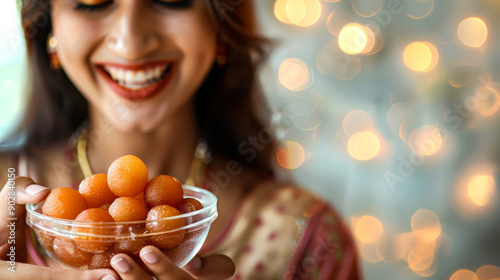 Happy indian woman wearing minimalistic choli eating gulab jamun photo