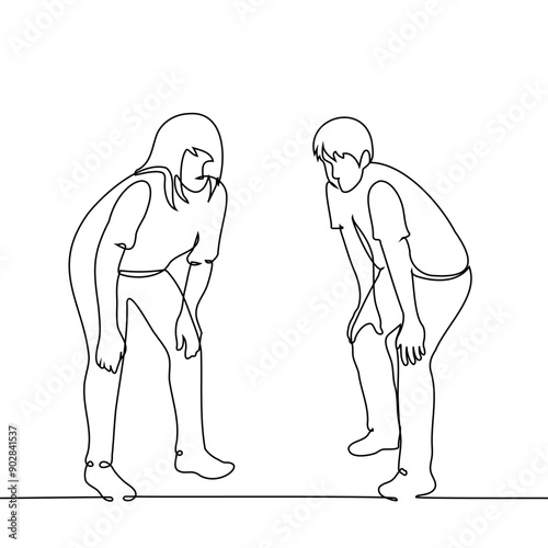 man and woman bending their backs slightly looking at something below eye level - one line art vector. concept friends, colleagues or siblings