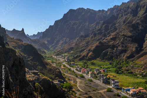 The beautiful village of Ribeira Grande, Cabo Vedre, in the mountains of Santo Antao island, with green hills, small houses, and road.
