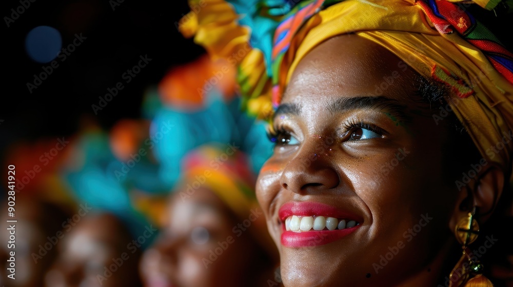 A joyful woman smiles brightly, wearing a vibrant and colorful headdress, captured in the lively atmosphere of a cultural festival setting. A joyful woman smiles brightly, wearing a vibrant and colorful headdress, captured in the lively atmosphere of a cultural festival setting.