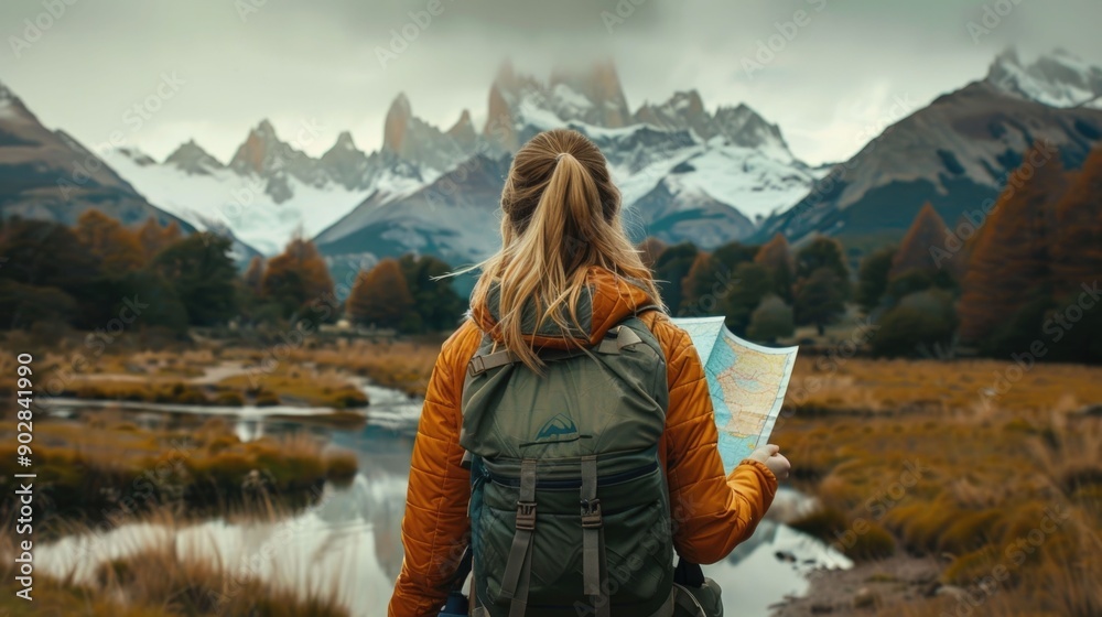 Naklejka premium Woman with Backpack Standing in Scenic Mountain Landscape Studying a Map and Planning Her Hiking Route for an Outdoor Adventure