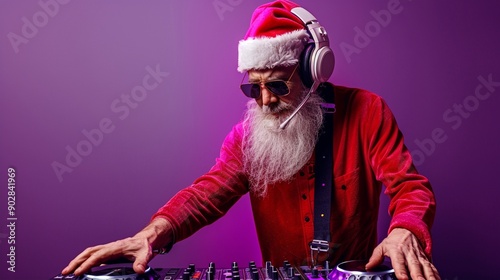 Cool Santa rocks the Christmas party with his DJ skills, spinning festive beats on a modern turntable. His iconic red suit and white beard contrast with trendy headphones and sunglasses.