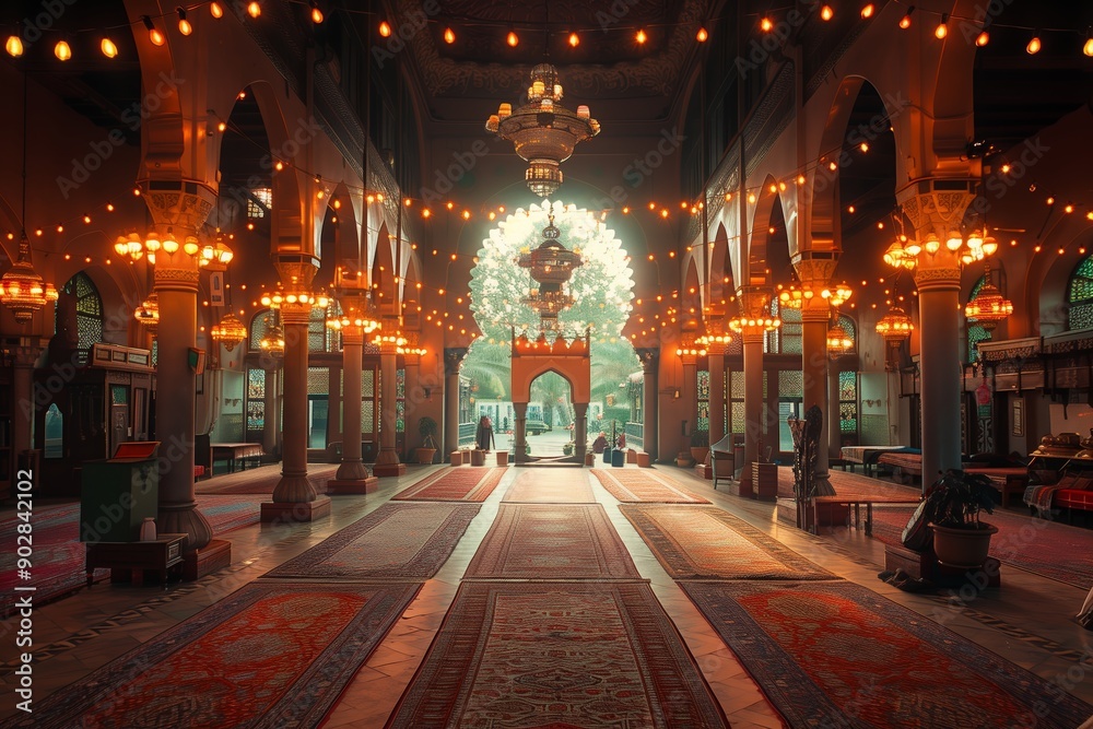 Fototapeta premium Beautifully Lit Interior of a Historic Mosque With Colorful Carpets in Evening Light
