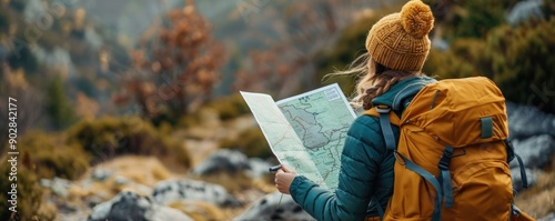Wallpaper Mural Woman planning a hiking route using a map in a scenic outdoor landscape with mountains forests and winter weather conditions  She is wearing a backpack and warm clothing Torontodigital.ca