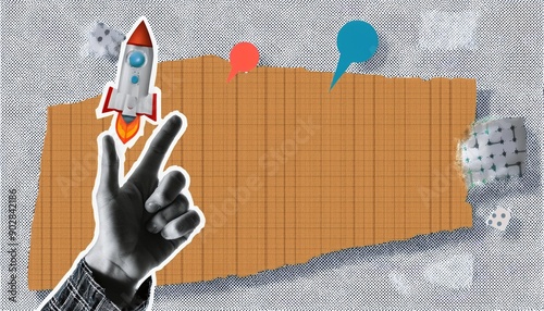 Pop art style banner with halftone rocket, pointing human hand and piece of torn checkered paper. Modern collage. Business startup concept. Creating ideas. Illustration with cut out newspaper elements
