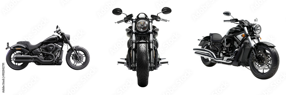 Set of black cruiser motorbike isolated on transparent background Set of black cruiser motorbike isolated on transparent background
