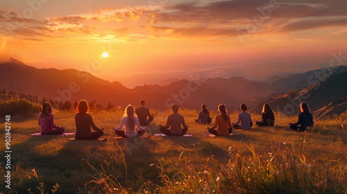 A tranquil sunset yoga session with a group of people in meditation pose on a grassy hillside, more clarity with clear light and sharp focus, high detailed