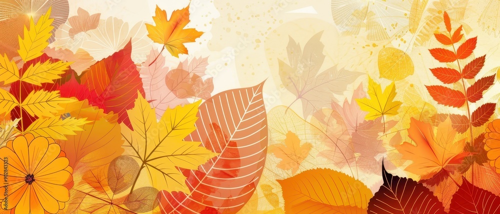 Obraz premium A painting of a field of autumn leaves with a woman in the foreground. The painting is full of bright colors and has a cheerful, warm mood