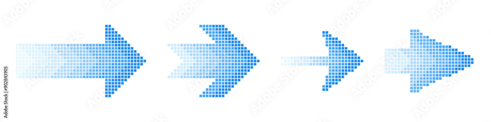 Halftone pixel blue arrow set. Colorful pixel gradient cursor design collection