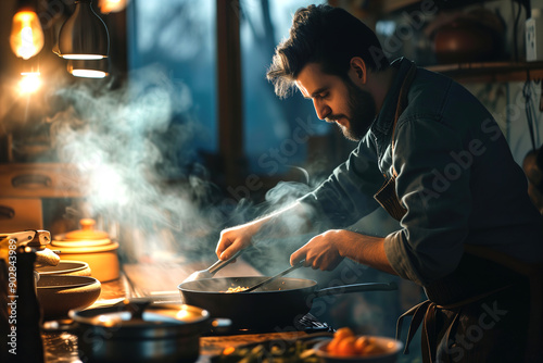 Man Cooking Dinner and Smelling from the Pot