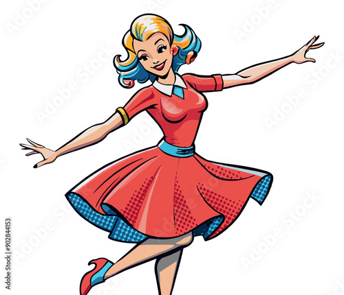 Dancing woman in retro pop art or comics style. Vintage comic girl in 50s style, dancing