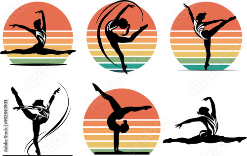 silhouette set of active young women doing fitness and yoga isolated on white background for t-shirt graphics, icons, posters, print, logo illustration.