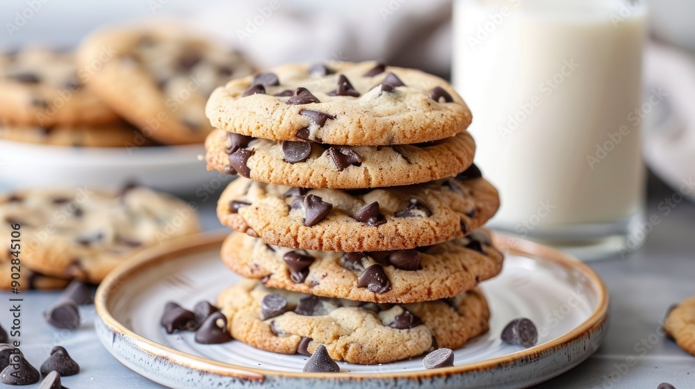A stack of chocolate chip cookies on a plate with a glass of milk in the background. A stack of chocolate chip cookies on a plate with a glass of milk in the background.