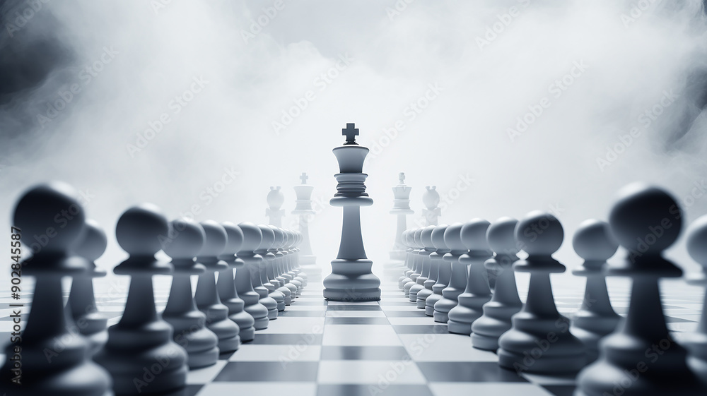 a group of chess-like figures on a white background of fog and smoke, the concept of strategy decision-making, business tactics. fictional chess pieces a group of chess-like figures on a white background of fog and smoke, the concept of strategy decision-making, business tactics. fictional chess pieces