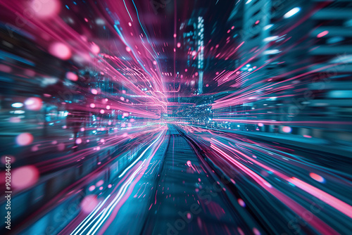 Surge of AI Lines Traveling Through a City at High Speed with Color Glow