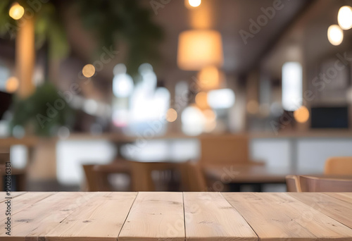 Lofty chill restaurant with wooden table and Depth of field , blurred background  © Gia